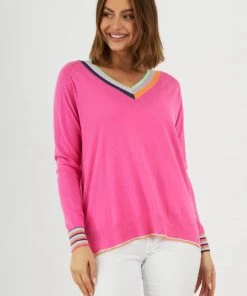 Zaket & Plover WOMENS W's Stripe V Sweater - Hot Pink