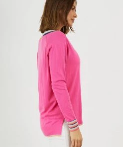 Zaket & Plover WOMENS W's Stripe V Sweater - Hot Pink