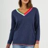 Zaket & Plover W's Stripe V Sweater - Denim WOMENS